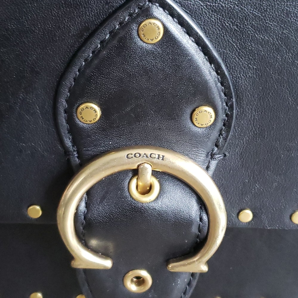 Coach Black Leather Studded Shoulder Bag with Gold Hardware - Picture 2 of 13
